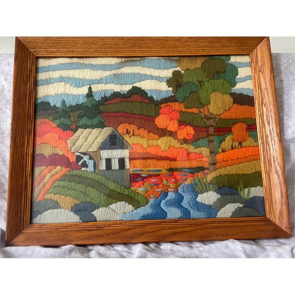 Vintage 1980 Wooden Framed Autumn Landscape Embroidery Art